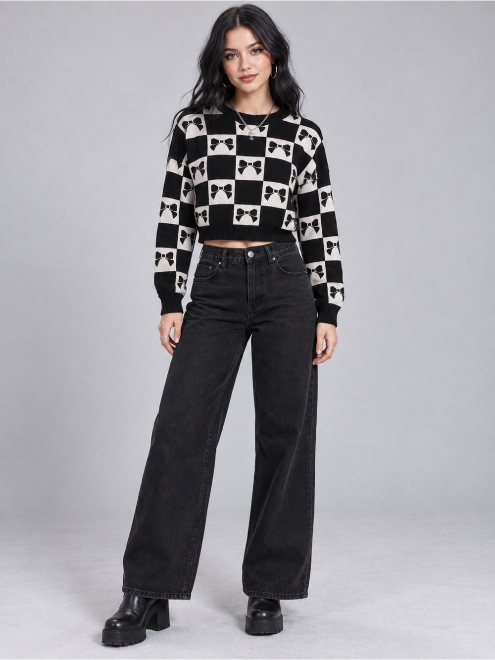 Cropped Checkerboard Crew Neck Sweater in Black & Cream
